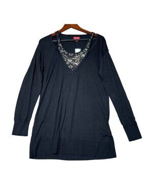 NWT Elle Women's L Black Long-Sleeve Tunic Lace  Cut off Sweater  i2011